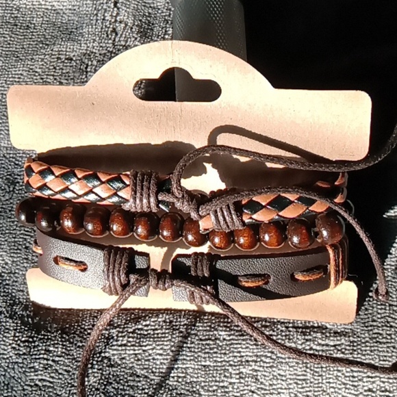 NEW Vegan Leather and wood bead bracelet set - Picture 2 of 3